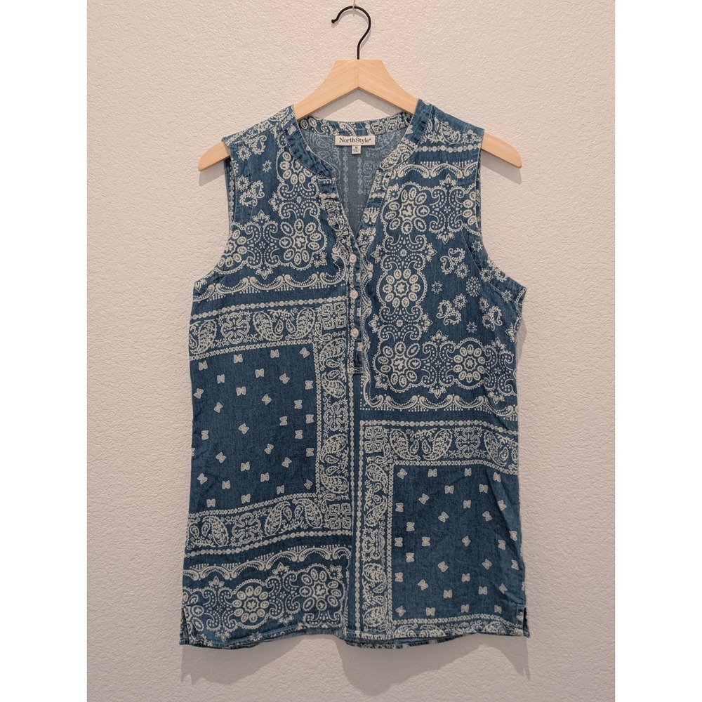 NorthStyle Blue Paisley Floral Button Front Shirt Top Womens M